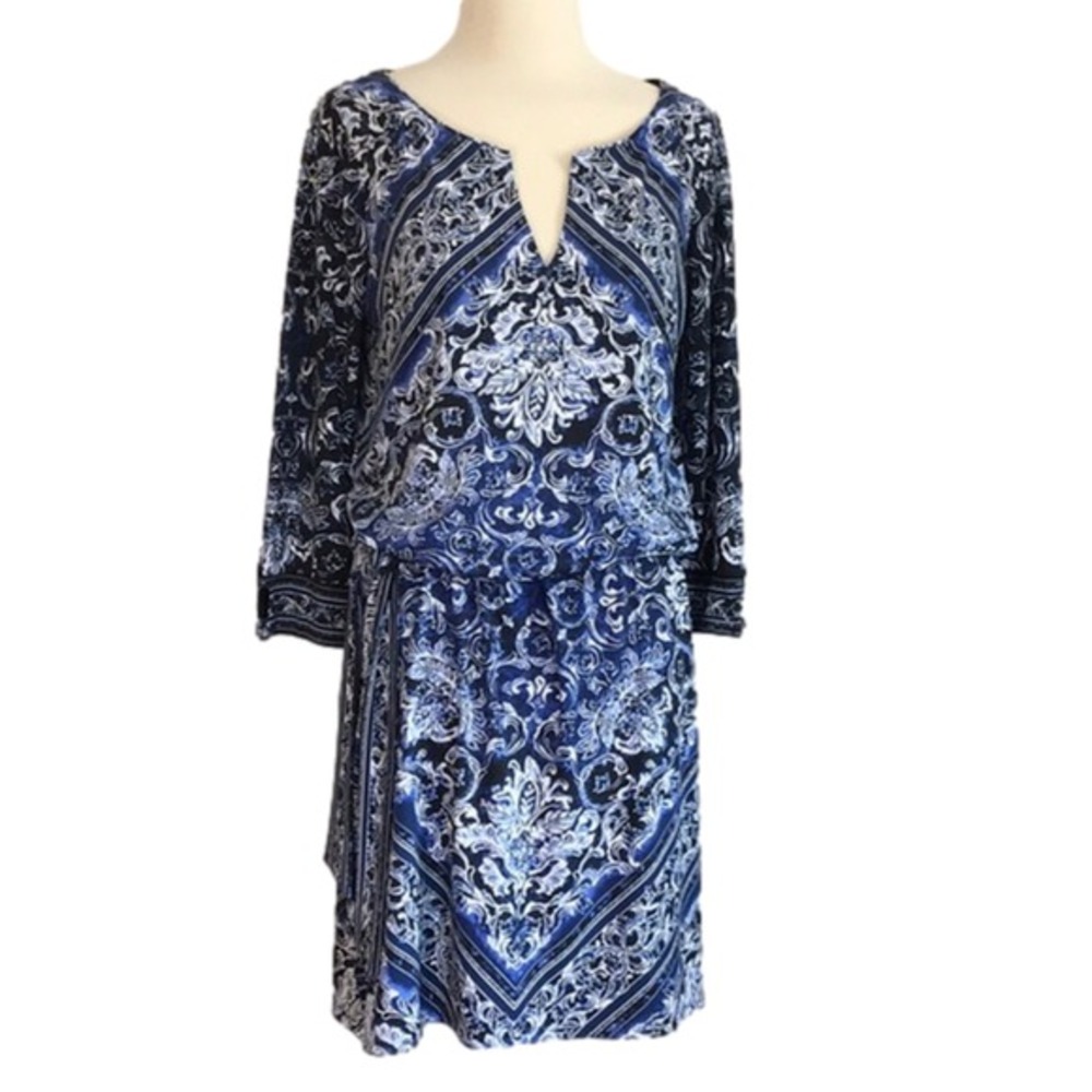 WHITE HOUSE BLACK MARKET Blue Handkerchief Print Blouson Midi Dress Medium‎